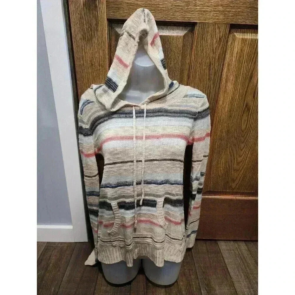 Maurices Small Striped Open Knit Hooded Long Sleeve Pullover Sweater